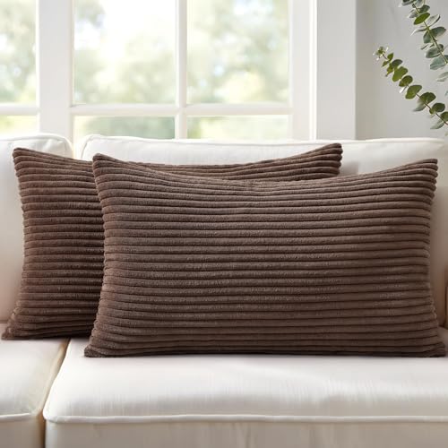 Image of Mecatny Corduroy Fall Decorative Throw Pillow Covers 12x20 Set of 2 for Sofa Living Room, Soft Neutral Boho Couch Pillow Covers for Home Decor, Chocolate