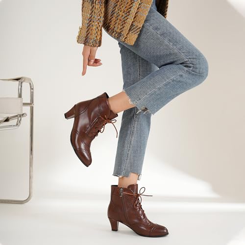Pixoecuty Women's Victorian Ankle Boots Lace Up Booties Side Zipper Chunky Heel Oxford Wingtip Boots Brown US 10 by Pixoecuty - Used condition - Image 3
