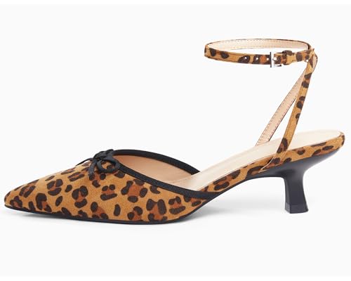 Coutgo Womens Kitten Low Heels Bow Tie Closed Pointed Toe Ankle Strap Pumps Party Wedding Dress Shoes Leopard4
