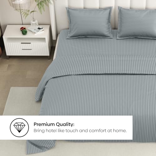 Image of Rivermoor Ultrasoft Bedsheet for Double Bed | Queen Size Bed Sheet with 2 Pillow Covers | Grey Satin Stripe | 90 x 98 Inches | Breathable & Hypoallergenic