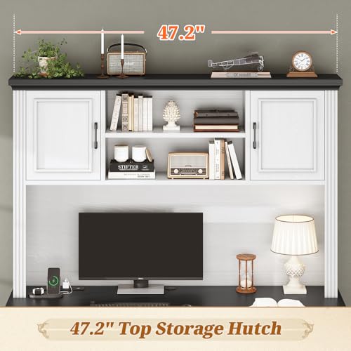 Image of SEDETA Farmhouse Computer Desk with Hutch and 3 Drawers, 47.2 inch Executive Office Desk with Storage Drawers, Wood Desk with Power Outlet for Home Office, White