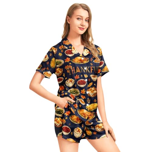 Image of Funny Pajamas for Women Set Print Satin Loungewear Pjs Short Sleeve Button Down Top and Shorts Sets Sleepwear XS-3XL