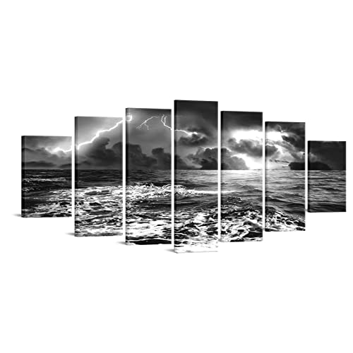 Sechars X-Large Multi Piece Canvas Wall Art Black And White Ocean Lightning Storm Picture Painting Nature Wave Seascape Photo Giclee Print For Home Living Room Office Decoration W-70 X H-32 #TOP29