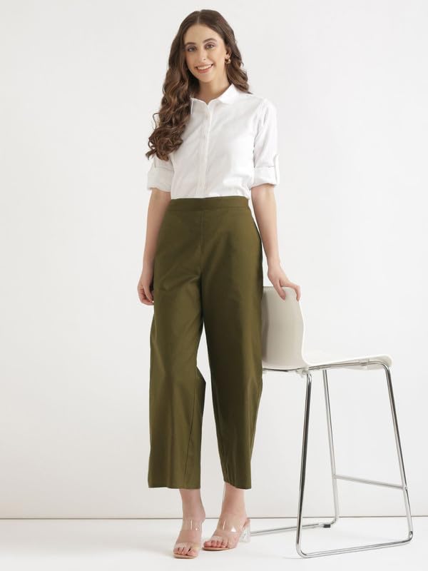 Image of SAADAA Women's Relaxed Fit Mid Rise Airy Linen Wide Leg Pants, High Waist Trousers for Formal, Casual & Office Wear