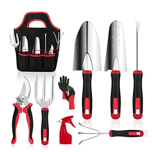 Gardening Tools, MOXILS 9 Pieces Stainless Steel Heavy Duty Gardening Tool Set, with Non-Slip Rubber Grip, Storage Tote Bag, Outdoor Hand Tools, Ideal Garden Tool Kit Gifts for Dad and Mom