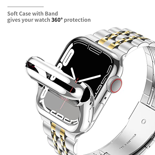 Wolait Compatible With Apple Watch Band 45Mm With Case,Upgraded Stainless Steel Metal Business Band With Screen Protector For Iwatch Series 8/7/Se Series 6/5/4/3/2/1,Silver/Gold Band + Silver Case #TOP3