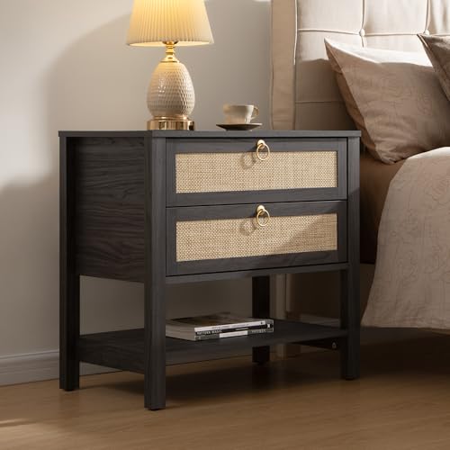 Image of SICOTAS Night Stands Set of 2 for Bedroom, Large Bedside Tables with Drawer & Open Shelf, Wide Boho Rattan Nightstand Set Narrow Side Table for Master Bedroom