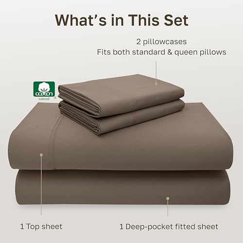 Image of California Design Den 100% Cotton Full Size Bed Sheets, 600 Thread Count Sateen, Soft, Full Size Sheet Set with Deep Pockets (Mushroom - Taupe Brown)