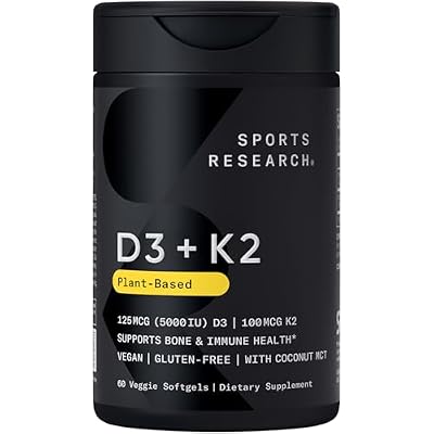 Sports Research Vitamin D3 + K2 w/ Coconut Oil - Vegan Vitamin D 5000iu & Mk7 Vitamin K 100mcg for Bone & Immune Support - Vegan Certified Non-GMO Soy Free - 60 Softgels