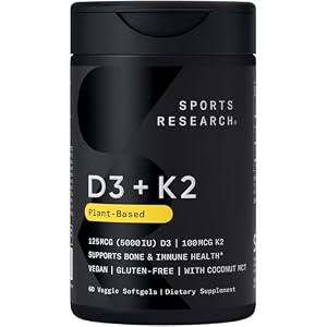 Sports Research® Vitamin D3 + K2 w/ Coconut Oil - Vegan Vitamin D 5000iu & Mk7 Vitamin K 100mcg for Bone & Immune Support - Vegan Certified · Non-GMO · Soy Free - 60 Softgels