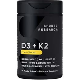 Sports Research® Vitamin D3 + K2 w/ Coconut Oil - Vegan Vitamin D 5000iu & Mk7 Vitamin K 100mcg for Bone & Immune Support - Vegan Certified · Non-GMO · Soy Free - 60 Softgels | Plant-Based Vitamin D 5000iu/125mcg & Soy-Free Vitamin K 100mcg for Bone & Immune Support - Vegan Certified & Non-GMO Verifed
