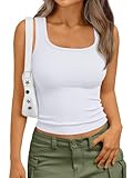 Trendy Queen Womens Summer Tank Tops Square Neck Ribbed Sleeveless Basic Crop Going Out Slim Fitted Y2k Clothes 2025 White M