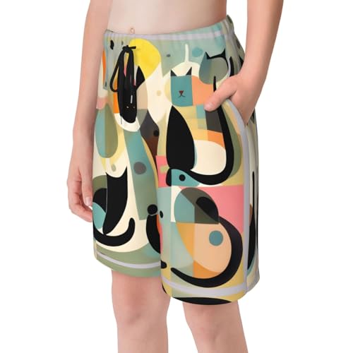 Mid-Century Modern Art Cat Youth Beach Pants, Soft and Breathable, with Drawstring Waist, Suitable for Sports and Leisure.4