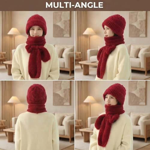 Image of Kraptick Women's Winter Cap and Scarf Set - Thick Fleece Lined Knitted Beanie Hat and Neck Warmer Muffler for Ladies, Soft & Stretchable Woolen Snow Proof for Extreme Cold -4