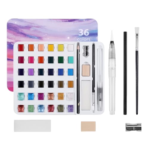Générique Peintures à l'eau | 36 Couleurs Palette Aquarelle,Set de Peinture Portable avec Pinceau pour Extérieur Voyage,Pour Cours Voyage Extérieur Projets Manucure
