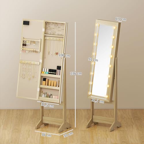 HOMCOM Espejo Joyero con Luces LED, Armario para Joyas, Armario Joyero de Pie con Espejo Entero, Ángulo Ajustable, con Estantes, Ranuras para Anillos, Madera Natural - imagen 7