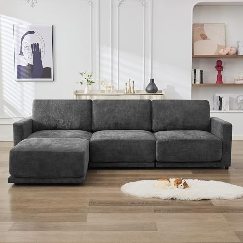 Image of 110.6 inch L Shaped Sectional Sofa, Modular Cloud Deep Seat Couch with Movable Ottoman, Oversized Thicked 4-Seats Sofas for Living Room, Chenille Grey