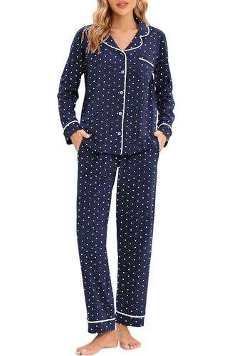 LUBOT 100% Cotton Pajamas for Women PJ Set Soft Button-Down 2 Piece Set Knitted Long Sleeve Sleepwear Loungewear XS-XXL