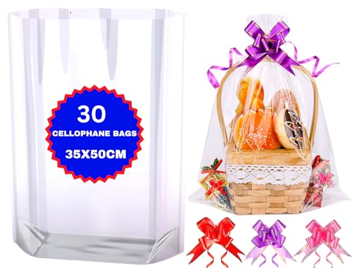 MAARA Clear Cellophane Bags Large Pack Of 30 Clear Gift Bags (35x50CM/14X20) With 30 Pull Bows Large Cellophane Basket Hamper Wrap For Packaging