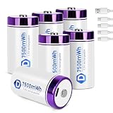 seyyen Rechargeable Lithium D Batteries with 4 in 1 USB-C Charge Cables,6 Pack D Cell Li-ion Battries,LR20 1.5V D Size Cell Battery Replacement 7500mWh for Floodlight(6 Pcs)