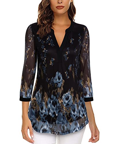 Image of Timeson Women's Short Sleeve V Neck Blouses Shirts Floral Double Layers Mesh Tunics Tops