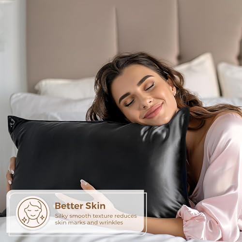Image of Satin Pillow Covers Set of 2 with 3 Free Random Color Hair Scrunchies - Anti-Frizz, Skin-Friendly, Soft & Durable Pillowcase Set for All Hair Types (Black)