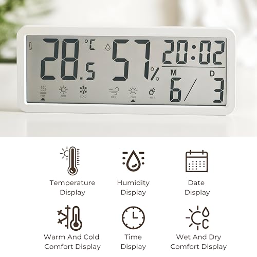 Image of Dewire Multifunctional Temperature & Humidity Hygrometerwith Digital Clock - Large Display with Hot /Cold /Wet /Dry Indicators, 12 /24H Time, Date, Wall /Table Mount - White