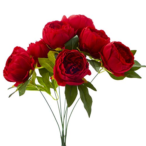 Simply Elegant 18" Artificial English Rose Bouquet - 7 Roses (3.5" X 2.5") With 14 Leaves - Red For Home Garden, Office, Flowers Arrangement, Wedding Centerpiece, Diy #TOP28