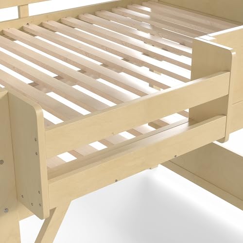 Image of KEIKI Solid Wood Queen Size Loft Bed Frame with Stairs, Built-in Wardrobe and Storage Space, Queen Loft Bed with Shelves, Queen-Length Guardrails, No Box Spring Needed for Bedroom, Natural