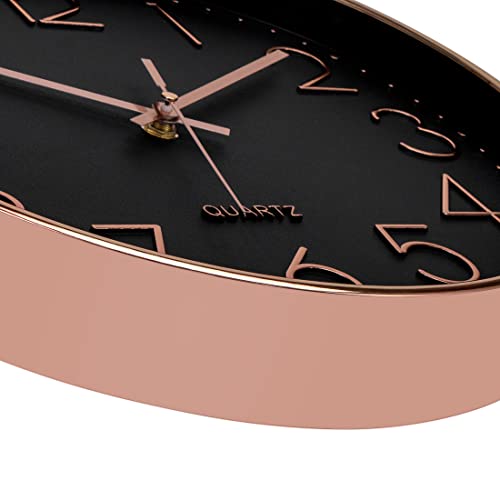 Image of Foxtop Modern Decorative Wall Clock, Silent Non-Ticking Quality Quartz Battery Operated Round Easy to Read for Home Office School (Rose Gold Plastic Frame, Black Dial, Arabic Numbers)