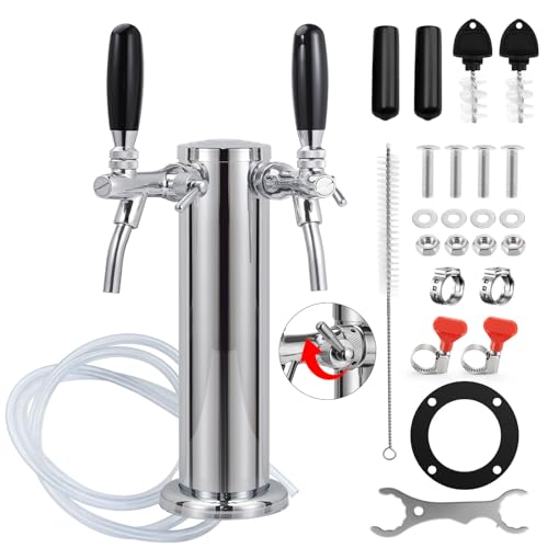FERRODAY Upgraded Long Shank Adjustable Faucet Kegerator Tower Dual Faucet Beer Tower Double Tap Beer Tower Dispenser Beer Tap Kegerator Parts Pre-assembled Lines 3\" Keg Tower Beer Keg Tap