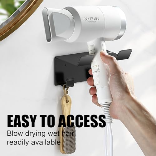 Okaywork Haartrocknerhalter,Kleber + Schrauben Duale Installation Haartrockner Halterung Fönhalter Ohne Bohren Schwarz, Universal Wandhalterung mit Haken für Schlafzimmer Hotel Badezimmer Accessoires