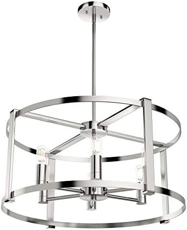 Hunter - Astwood 6-Light Polished Nickel, Large Chandelier, Dimmable, Caged Style, Drum Shaped, for Bedrooms, Kitchens, Dining, Living Rooms - 19000