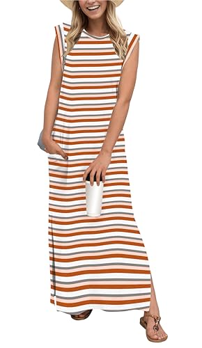 Image of GRECERELLE 2026 Women Year-Round Casual Round Neck Loose Split Wrinkle-Free Long Maxi Vacation Dress with Pockets (XXS-4XL)