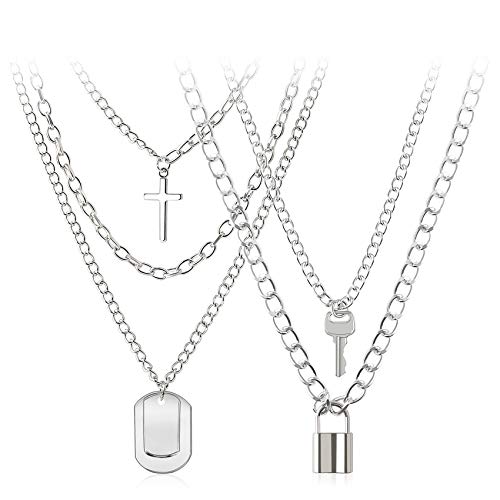 BVROSKI Lock Chain Necklace, Egirl Chains, Statement Lock Key Pendant Necklace Silver Set Eboy Long Multilayer Chains Punk Choker 2 Set(5 Layer)