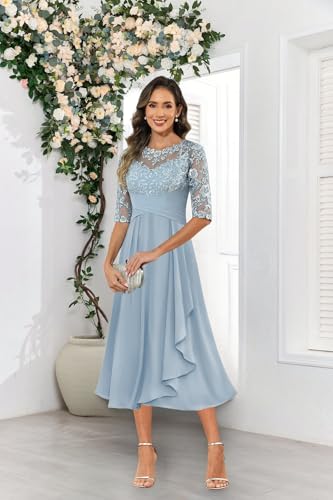 Mother of Bride Dresses for Women Tea Length Chiffon Lace Appliques A Line Formal Evening Gowns2