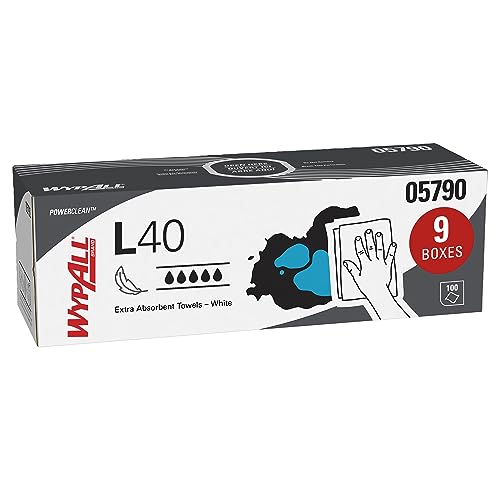 WypAll PowerClean L40 Cloths Extra Absorbent Wipes (05790), Pop-Up Box, Bulk Paper Wipers, White (9 Packs of 100 Sheets, 900 Sheet Total)