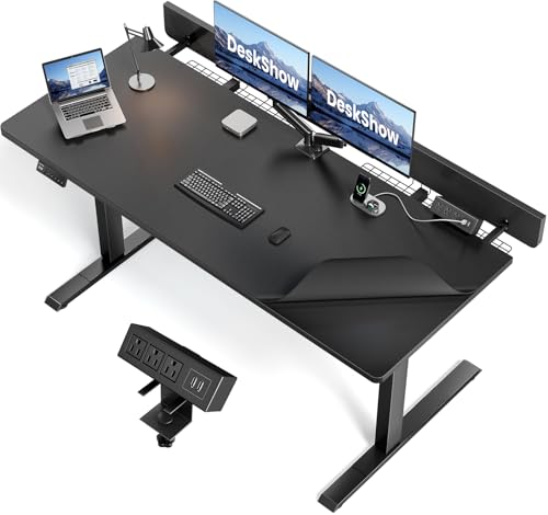 DeskShow Electric Standing Desk Adjustable - 60 x 30 Inch Sit Stand Desk with Flip-Top Cable Management,Mouse Pad,Clamp Power Strip,Dual-Beam Frame,3 Memory Preset Height Adjustable for Home Office