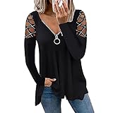 Janepam Womens Tops Shirt Plus Size Hotfix Rhinestone Solid Color Plain Loose V-Neck Zipper Cold Shoulder Long Sleeve Blouse(A Black,XL)