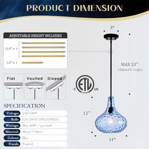 Image of 11 inch Blue Hammered Glass Pendant Light, Black Finish, E26 | 11 inch blue hammered glass pendant light with black finish, adjustable rod, E26 socket, ideal for kitchen islands.