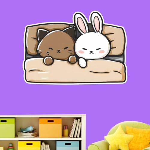Image of Cute Sleeping Cat & Bunny Wall Sticker | Self Adhesive Cartoon Animal PVC Wall Decal for Ki-ds Room, Nursery, Bedroom & Playroom Decor