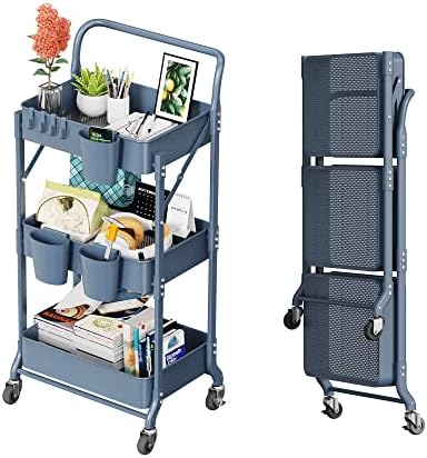 Merapi 3 Tier Foldable Rolling Cart, Metal Utility Cart with Wheels, Hanging Cups and Hooks, Collapsible Cart for Living Room, Kitchen, Bathroom, Bedroom and Office, Blue