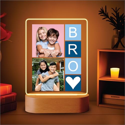 Image of Giftplease ersonalized Acrylic Photo Night Light - Custom LED Lamp with Wooden Base, Photo Collage & Custom 'BRO' Text Nightlight, Personalized Gifts for Brother, Birthday, Rakhi, Room Decor