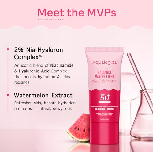 Image of Aqualogica Radiance+ Water Light Fluid Sunscreen - 25g | SPF 50+ PA++++ | In-Vivo Tested | New-age Filters | Ultra-Light Fluid Texture | For Bright & Radiant Skin | Fragrance-Free & No White Cast | 2% Nia-Hyaluron Complex | Broad Spectrum UVA /B & Blue Light Protection | Lightweight | Travel Friendly | For Men & Women | Trial Pack | Convenient for Use