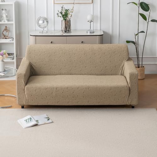 Image of House of Quirk Universal Jacquard Fabric Sofa Cover - Soft, Stretchable Couch Slipcover for 5-Seater (3+1+1), Flexible Fit, Wrinkle-Resistant & Easy to Clean (Khaki)