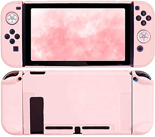 Coque rigide rose pour Nintendo Switch et étui Joy Con avec 2 poignées de pouce fleur