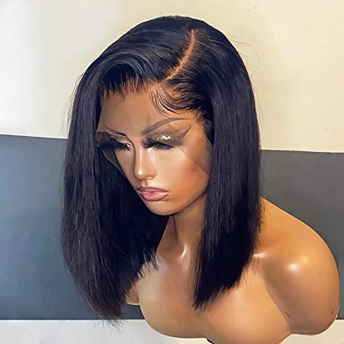 ANDRIA 12 Inch Short Bob Wigs Lace Front Wigs for Black Women Black Straight Bob Glueless Full Wigs For Black Women Synthetic Natural Straight Wigs Heat Resistant Fiber Hair Wigs With Baby Hair