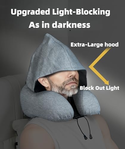 Image of Travel Neck Pillow with Extra Large Hood Rollable Airplant Hooded Neck Pillow with Memory Foam Filling and Removable, Skin-Friendly Cover with a Carrying Pouch