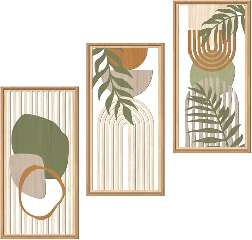 Image of ANHUIB Sage Green Wall Art Framed Set of 3 Boho Wooden Wall Art Abstract Minimalist Wooden Wall Decor Geometric Aesthetic Botanical Artwork Bohemian Style Decor for Living Room Bedroom Office 20X40cm