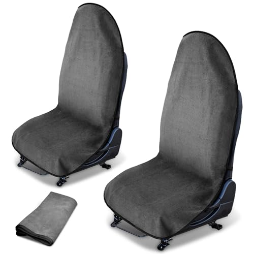 2PCS Waterproof Seat Towel Car Seat Cover Protector Front Seats for Gym Workout, Running, Swimming and Beach, Machine Washable, Universal Non-Slip Bucket Seat Covers for Trucks Car SUV Jeep, Gray